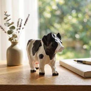 May include: A small, carved figurine of a cow featuring a faceted, geometric surface texture. The cow is painted with a black and white spotted pattern, standing on four legs with dark hooves, and has a distinct, angular, sculpted appearance.