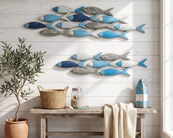 Decorazione murale in legno a forma di pesce, arredamento costiero rustico a tema oceano, decorazione da parete nautica per casa al mare, banco di pesci, arte mediterranea in legno