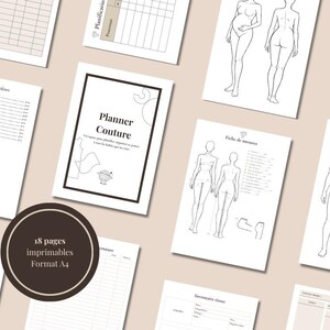 May include: A collection of printable sewing planner pages, including measurement charts, body diagrams, and project planning sheets. The pages are in A4 format and feature the text "Planner Couture". The pages are arranged on a light beige surface.
