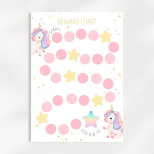 May include: A reward chart featuring the text REWARD CHART, START, and YOU DID IT. The design includes two unicorns with rainbow manes, yellow stars, and a path of pink circles on a white background with small gold star accents throughout.