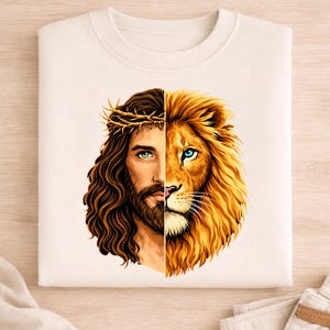 Leone di Giuda con volto diviso, design PNG per sublimazione, leone cristiano PNG, design per maglietta religiosa, download immediato