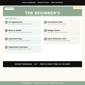 Op de afbeelding: Een digitale gids getiteld "The Beginner's Complete Supplement Guide" met een groen en wit ontwerp. De gids somt op wat je krijgt, waaronder 20 supplementen, wat je moet vermijden, label red flags en supplement synergieën. Het bevat ook een foundation stack, budget stacks en een quick reference card.