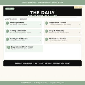 Biohacker Daily Planner PDF | Supplement Tracker, Sleep Log, Fasting & HRV | Printable Longevity Planner | Wellness Tracker Instant Download