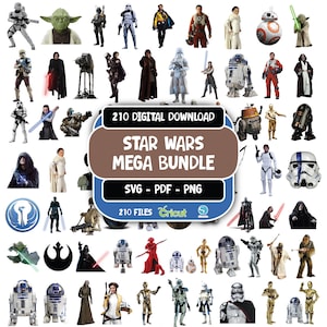 May include: A digital download bundle featuring 210 Star Wars character illustrations, including Jedi, Sith, droids, and troopers in SVG, PDF, and PNG formats. The central graphic displays the text 210 DIGITAL DOWNLOAD STAR WARS MEGA BUNDLE.