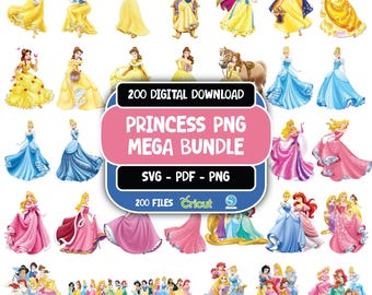 Princess PNG Cliparts Bundle, Princess Cartoon PNG Images, Birthday Theme Princesses Clipart Set, Transparent Background, Digital Download