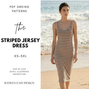 Könnte beinhalten: Eine Frau trägt ein gestreiftes Jerseykleid in Beige und Schwarz. Das Kleid ist ärmellos und knielang. Auf der linken Seite steht Text: "PDF SWEING PATTERNS", "STRIPED JERSEY DRESS" und "XS-3XL". Das Kleid ist ein Rameen Easy Design.
