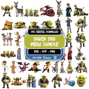 May include: A digital collection of 140 Shrek-themed character illustrations featuring Shrek, Donkey, Fiona, Puss in Boots, and other figures in various poses. The central text reads 140 DIGITAL DOWNLOAD SHREK SVG MEGA BUNDLE SVG - PDF - PNG 140 FILES.