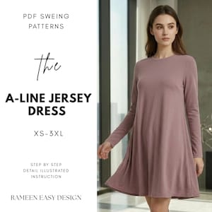 May include: A-line jersey dress in a dusty rose color. The dress has long sleeves and a flared skirt. The image includes text that reads "PDF Sewing Patterns", "A-Line Jersey Dress", "XS-3XL", and "Step by Step Detail Illustrated Instruction".