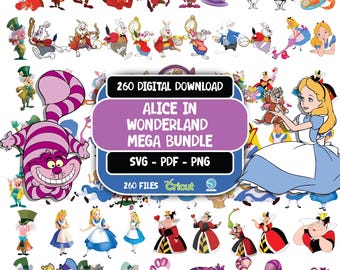 Alice in Wonderland SVG PNG Bundle, Queen of Hearts, Mad Hatter, Cheshire Cat, Red Queen, White Rabbit Clipart, T-Shirt Design Digital Files