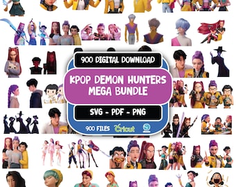 Kpop Clipart, Huntrix PNG SVG Bundle with Kpop Alphabet, Demon Hunters Clipart Digital Files with Rumi, Mira, Zoey, and Saja Boys
