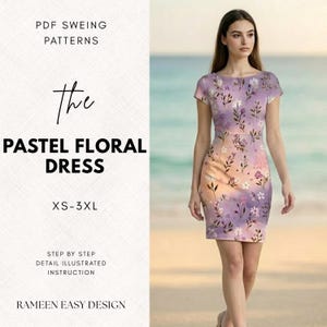 May include: A woman wearing a pastel floral dress. The dress features a scoop neckline and short sleeves. The dress has a floral pattern in shades of purple, pink, and peach. The text on the left side of the image reads "PASTEL FLORAL DRESS" and "XS-3XL".
