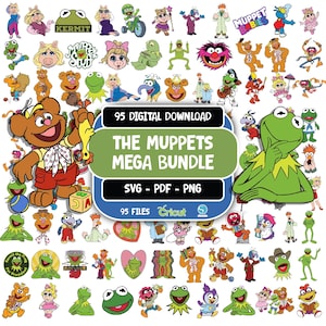 Puede incluir: Un paquete de descarga digital que incluye 95 ilustraciones de personajes de los Muppets en formatos SVG, PDF y PNG. El gráfico central muestra el texto 95 DIGITAL DOWNLOAD THE MUPPETS MEGA BUNDLE SVG - PDF - PNG 95 FILES Cricut, rodeado de varios iconos de personajes coloridos.