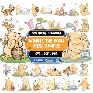 May include: A digital download bundle featuring numerous illustrations of Winnie the Pooh, Piglet, Tigger, and Eeyore in various poses. The central text reads 300 DIGITAL DOWNLOAD WINNIE THE POOH MEGA BUNDLE SVG - PDF - PNG 300 FILES.