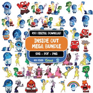 May include: A digital collection of Inside Out character illustrations featuring Joy, Sadness, Anger, Disgust, and Fear. The central graphic displays the text 450 DIGITAL DOWNLOAD INSIDE OUT MEGA BUNDLE SVG - PDF - PNG 450 FILES with Cricut branding.