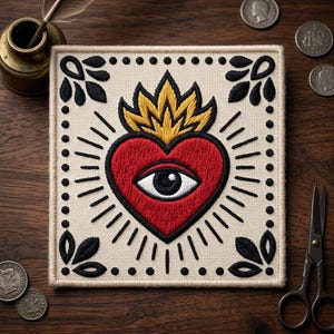 May include: Embroidered patch featuring a red heart with an eye, topped with a yellow flame design. The patch has a cream-colored background with black accents, including radiating lines and floral elements. The patch is square-shaped.