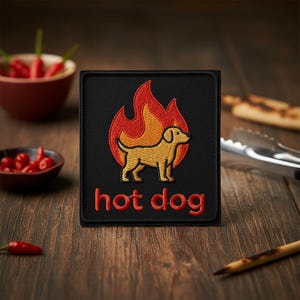 May include: A black square patch featuring a yellow dog silhouette inside a red and orange flame design. The words "hot dog" are embroidered in red below the dog. The patch is on a wooden surface.