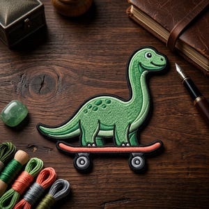 May include: Embroidered patch featuring a green dinosaur riding a skateboard. The dinosaur has a long neck and a friendly expression. The skateboard is red with black wheels. The patch is likely for clothing or accessories.