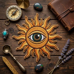 May include: Embroidered patch featuring a sun with an eye in the center, in shades of yellow, orange, and brown. The patch is surrounded by a compass, journal, stones, and lavender sprigs on a wooden surface.