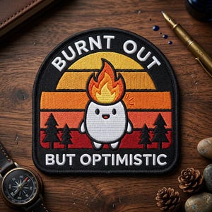 May include: Embroidered patch with the words "BURNT OUT" above a cartoon character with flames for hair, and the words "BUT OPTIMISTIC" below. The patch features a sunset design with trees.