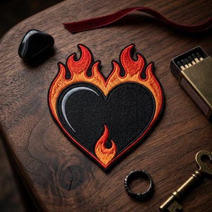 May include: Embroidered patch featuring a black heart engulfed in orange and red flames. The patch has a white crescent moon design inside the heart. The patch is on a wooden surface with a black stone, a red ribbon, a matchbox, a ring, and a key.