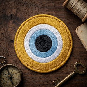 May include: Embroidered patch featuring a stylized eye design with concentric circles in yellow, white, light blue, and black. The patch is circular and sits on a dark wooden surface, alongside a compass, key, and thread spool.