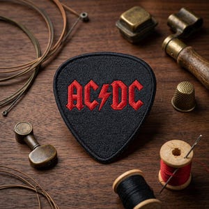 May include: A black guitar pick with the red embroidered text "AC/DC" and lightning bolt logo. The pick is surrounded by guitar strings, tuning pegs, and sewing notions on a wooden surface.