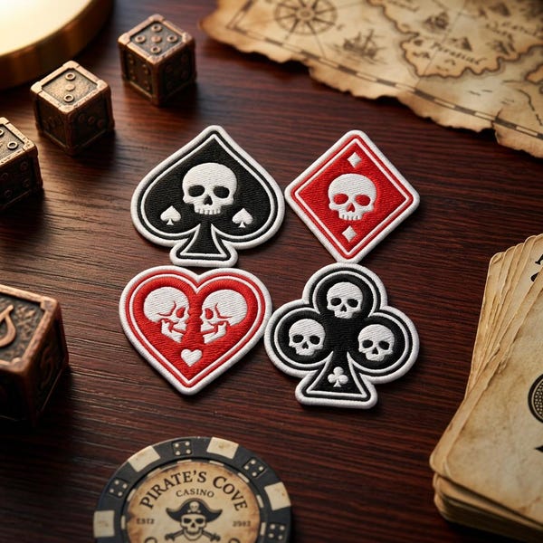 Skull Playing Cards Suits Embroidered Patch Set Poker Spades Hearts Iron On Sew Badge