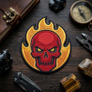 May include: Embroidered patch featuring a red skull with yellow eyes, framed by yellow and orange flames. The patch has a black border. The design is on a dark wooden surface, with a compass, knife, and journal in the background.