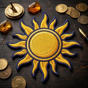 May include: Embroidered sun patch with yellow and blue details. The sun design is surrounded by coins, amber pieces with insects, a sundial, and a fountain pen. The patch has a detailed, textured appearance, suggesting a high-quality craft item.