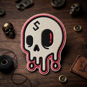 May include: Embroidered skull patch with a cream-colored base, black eyes and mouth, and a red outline. The skull has a black number 5 on top. The patch is surrounded by other craft supplies on a wooden surface.