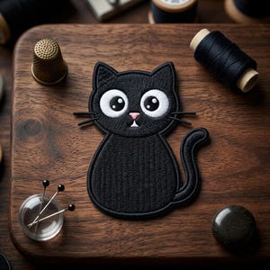 May include: A black embroidered cat patch with large white eyes and a pink nose, sitting on a wooden surface. Sewing notions, including a thimble, pins, and spools of thread, surround the patch.