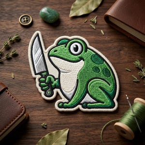 May include: Embroidered patch featuring a green frog holding a silver knife. The frog has large eyes and is outlined in white. The patch is on a cream-colored background. The patch is surrounded by sewing supplies and small objects.