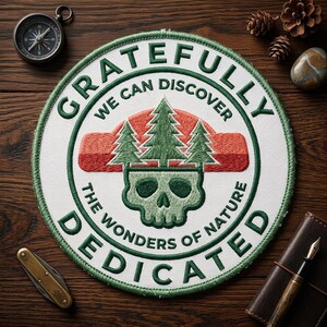 May include: A round patch with the words "Gratefully Dedicated" encircling a design. The design features a skull with pine trees and the text "We Can Discover The Wonders of Nature". The patch is white with green and red accents.