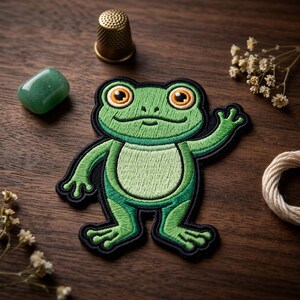 May include: Embroidered green frog patch with a smiling face and waving arm. The frog has orange eyes and a black outline. A thimble, a green stone, and dried flowers are also visible.