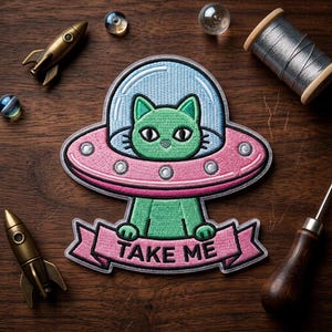 Green Cat UFO Embroidered Iron On Patch Space Alien Cute Kawaii Craft Clothing Accessory