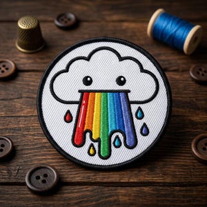May include: A round, white embroidered patch featuring a cartoon cloud with a rainbow coming out of its mouth. The patch has a black border and is surrounded by brown buttons, a thimble, and blue thread on a wooden surface.