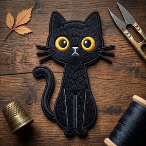 May include: A black cat patch with large yellow eyes and whiskers, embroidered on black fabric. The cat is sitting upright. The patch is on a wooden surface with sewing tools and a thimble.