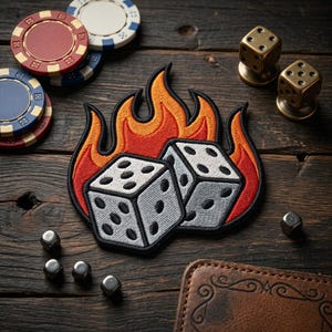 May include: Embroidered patch showing two dice in flames, with red and orange hues. The patch is on a wooden surface, with poker chips, dice, and a leather wallet, hinting at a gambling theme. The dice are grey.