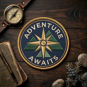 May include: Circular navy blue patch with the words "ADVENTURE AWAITS" and a compass rose design. The patch has a gold border and is surrounded by a compass, journal, and rocks on a wooden surface.