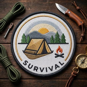 May include: Embroidered patch with a camping scene featuring a tent, mountains, trees, and a rising sun. The word "SURVIVAL" is stitched below the design. A small knife, compass, and green rope are arranged around the patch on a wooden surface.