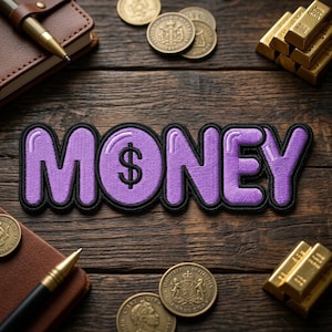 May include: A purple embroidered patch with the word "MONEY" in bubble letters, featuring a dollar sign. The patch is surrounded by coins, gold bars, and a leather-bound notebook with a pen on a wooden surface.