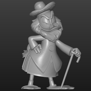 May include: A 3D-rendered figurine of a cartoon duck character, wearing a hat, coat, and glasses, and holding a cane. The character has a long white beard and a stern expression. The figure is gray.