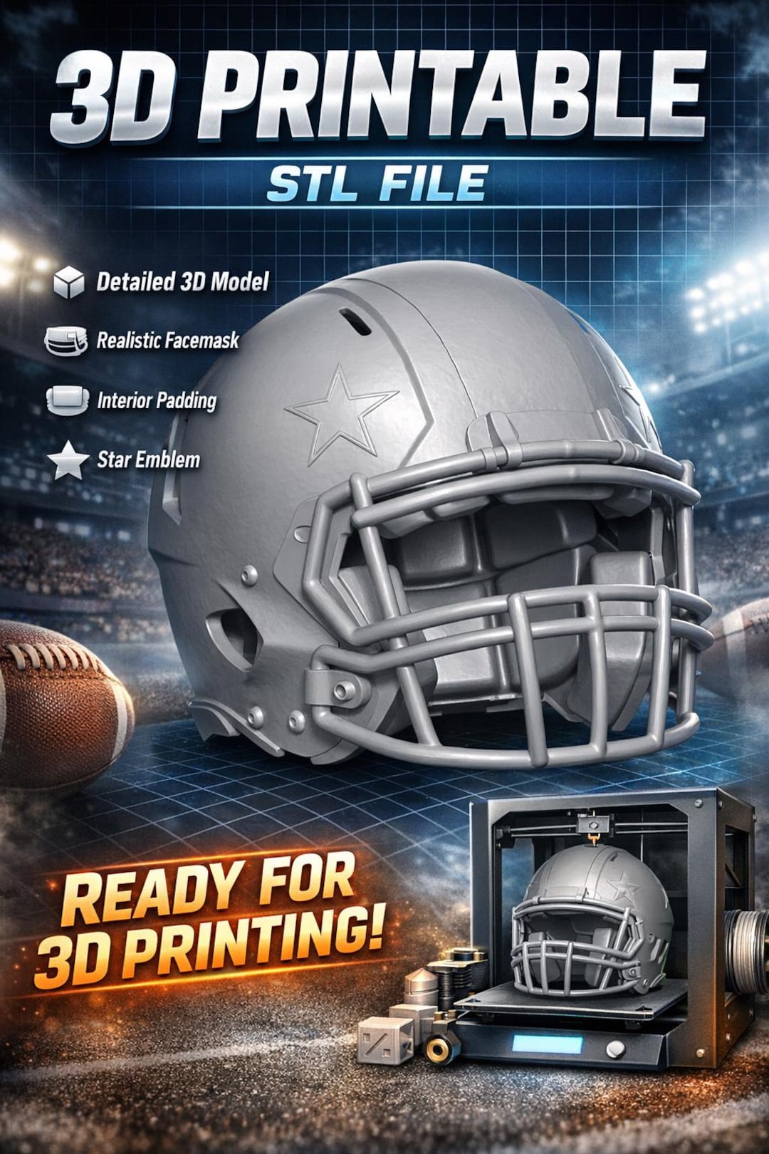 Stl File Sports 3D Printable American Football Helmet STL File – Detailed Sports Gear ...