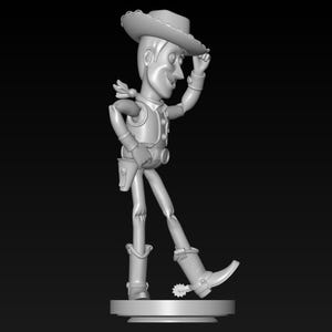 May include: A 3D-printed figurine of a cowboy character, wearing a hat, vest, and boots. The figure is in a walking pose, with one arm raised to tip the hat. The figurine is on a round base, and the background is black.