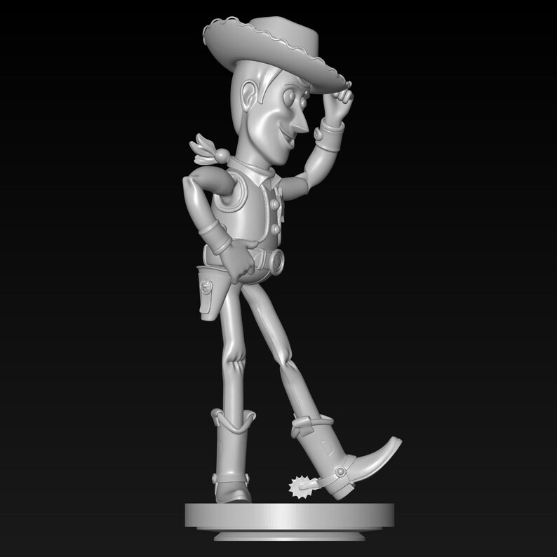 May include: A 3D-printed figurine of a cowboy character, wearing a hat, vest, and boots. The figure is in a walking pose, with one arm raised to tip the hat. The figurine is on a round base, and the background is black.
