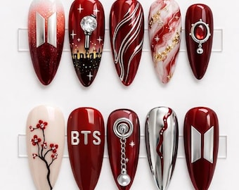 Kpop Inspired Press On Nails Red White Nail Set Concert Style Nails Arirang Spirit Nail Set