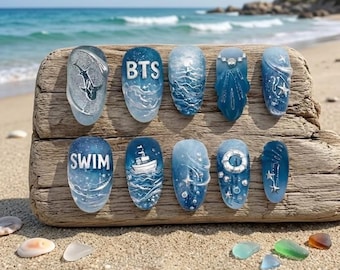 Blue Ocean Press On Nails, Kpop Inspired Nail Set, 3D Shark Design, Silver Wave Nails, Custom Handmade Nail