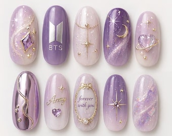 Kpop Comeback 2026 Press On Nails, Purple White Nail Set, 3D Luxury Gel Concert Nails, Star Moon Heart Set
