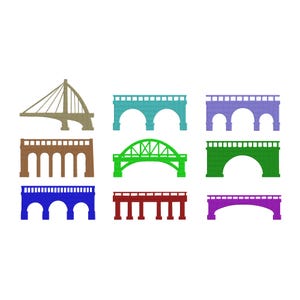 Op de afbeelding: Negen kleurrijke brugillustraties in verschillende ontwerpen. De bruggen zijn in tinten bruin, groen, blauw, paars en rood. De ontwerpen omvatten boogbruggen, hangbruggen en bruggen met pilaren.
