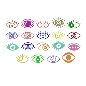 Könnte beinhalten: Eine Sammlung von neunzehn stilisierten Augen-Symbolen, angeordnet in vier Reihen. Jedes Auge weist ein einzigartiges Design, eine Farbe und ein Wimpernmuster auf, dargestellt in verschiedenen Tönen wie Violett, Blau, Grün, Braun, Pink und Gelb.